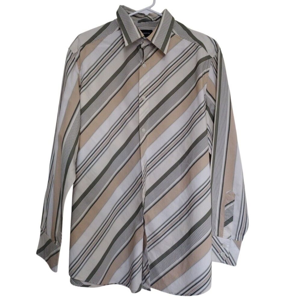 CLAIBORNE Button Down Shirt Men XL Tan Green Diagonal Striped‎ Long Sleeves